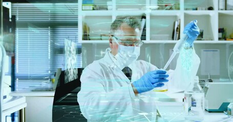 Poster - Scientist in lab coat conducting experiment with digital data overlay animation