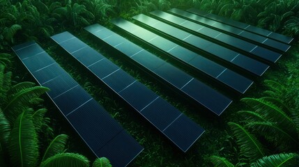 Solar Panels in Green Landscape: A futuristic array of solar panels integrated seamlessly within lush vegetation. showcasing the blend of technology with eco-friendliness.