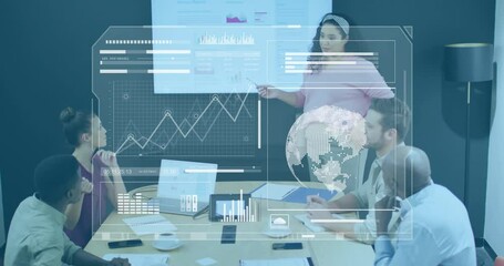Poster - In meeting, diverse team discussing presentation with data analytics animation