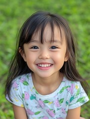 Poster - Smiling child enjoying a sunny day in the park surrounded by green grass, radiating joy and happiness outdoors