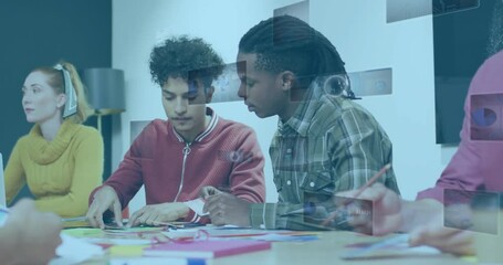 Poster - Collaborating at table, young adults using digital interface with animation in school