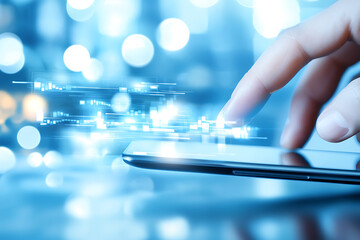 Poster - Digital interaction with smartphone technology modern office high-tech environment close-up view innovation concept
