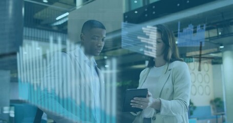 Poster - In office, business professionals analyzing data with bar graph animation on screen