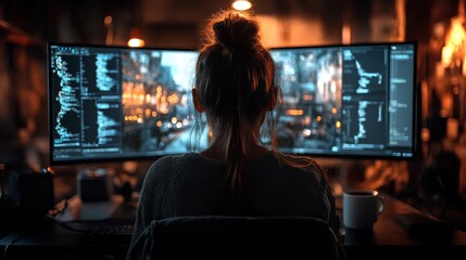 Aufkleber - A person engages in programming related to quantum technology at a dimly lit desk. Multiple screens display intricate data visualizations and algorithms associated with quantum encryption techniques.