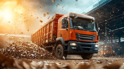 Poster - recycling truck unloading paper waste at an industrial recycling facility with a wide view and ample