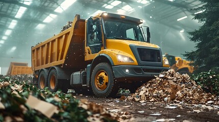 Poster - photograph of a recycling truck unloading paper waste at an industrial recycling facility with a wid