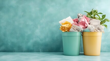 Poster - A minimalistic and clean composition showcasing paper waste bins filled with discarded office documents highlighting the concept of organization efficiency