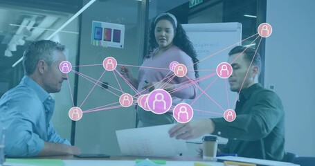 Poster - Diverse team collaborating in office with network connections animation overlay