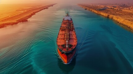 Aufkleber - A large cargo ship moves steadily through calm waters, with a vivid sunset illuminating the sky and reflecting on the water's surface, showcasing the serene beauty of the landscape.