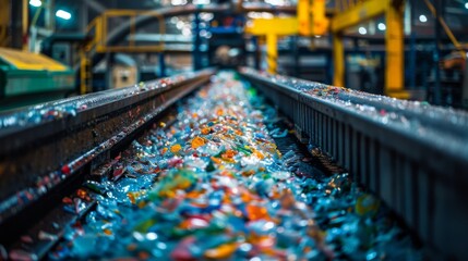 Aufkleber - Colorful bits of plastic waste cascade along a conveyor belt in a processing facility during daylight hours, highlighting the importance of recycling efforts in managing waste.