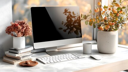 Poster - A photograph showcasing a sustainable and minimalist office setup featuring the use of recycled paper products to create a clean organized and eco friendly workspace