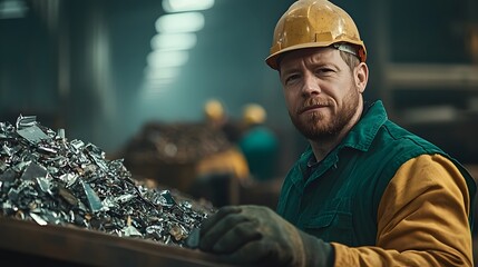 Poster - workers sorting aluminum scrap on conveyor belt in modern recycling facility with ample copy space i