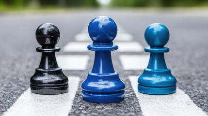 Poster - Engaging scene of a chess game featuring a blue pawn on the board illustrating strategic thinking and competition