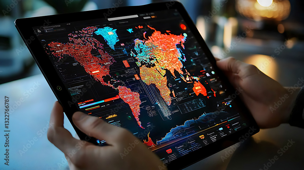 World Map Device Tablet Displaying World Map with Data Visualizations Stock Photo ...