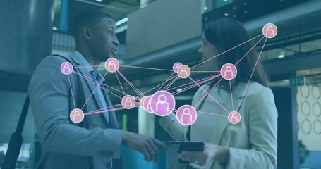 Poster - Discussing with network connections, business professionals in office with animation overlay