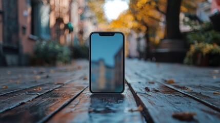 Poster - Modern smartphone on a smooth wooden table perfectly capturing the essence of app development and mobile technology