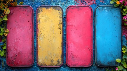 Poster - A row of colorfully painted metal cases displayed artistically to showcase their unique designs and creative aesthetics