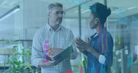 Poster - Discussing data analytics, business professionals with colorful graphs animation in office