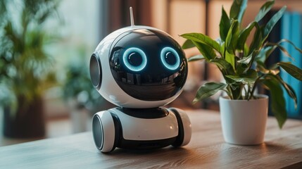 Poster - Innovative robot sitting on a table in a modern workspace showcasing advanced technology and design