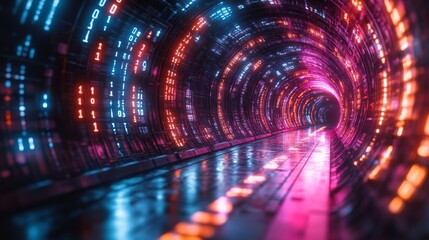 Fototapete - A vibrant digital tunnel displays quantum concepts like qubits, superposition, and entanglement with illuminated binary patterns.