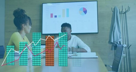 Poster - In school, colleagues in business meeting presenting with animation on screen
