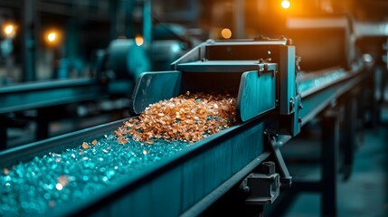 Poster - conveyor belt transporting broken glass pieces inside a recycling plant enabling text overlay for su
