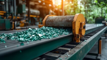 Poster - conveyor belt transporting broken glass pieces inside recycling plant for sustainable material recov