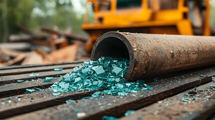 Poster - conveyor belt transporting broken glass pieces inside a recycling plant facility providing space for