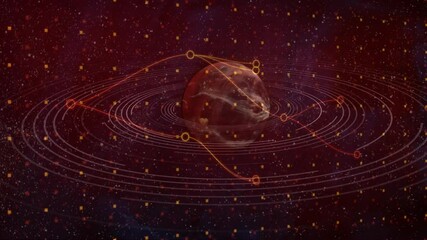 Poster - Planet surrounded by orbiting lines and digital connections in space animation