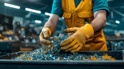 Poster - photograph of workers wearing safety gloves handling recycled glass materials with a clean backgroun
