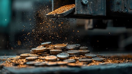 Poster - photograph capturing the process of a high powered magnet separating metal caps from glass bottles a