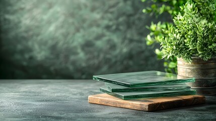 Poster - Transparent Recycled Glass Sheets Stacked in a Modern and Orderly Manner Providing a Clean Aesthetic with Ample Copy Space for Design or Architectural Concepts