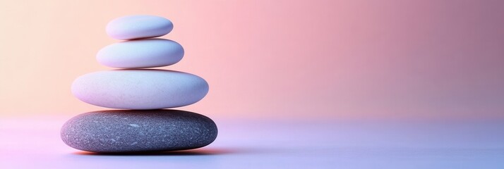 Aufkleber - Balanced stone stack against a serene pastel gradient background showcasing minimalistic Zen-inspired design elements
