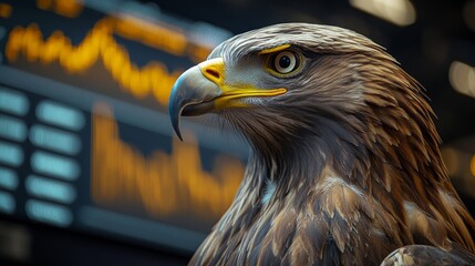 Aufkleber - A close-up view of a regal eagle, showcasing its intricate feather patterns and sharp gaze, set against a backdrop of stock market data.