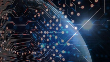 Poster - glowing circuit board pattern with animation over cosmic background and light beam