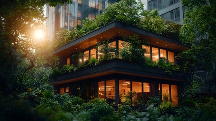 Poster - Eco Friendly Modern Building with Large Glass Made from Recycled Materials Offering a Spacious Composition for Text Overlay or Placement