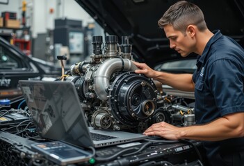 Poster - Mechanic Working on Engine with Laptop in Auto Repair Shop