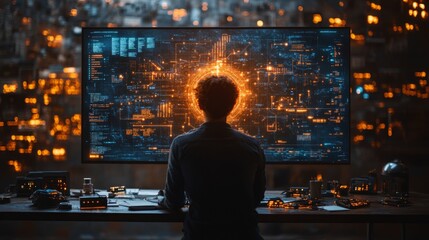 Fototapete - A researcher analyzes quantum encryption data displayed on a large screen in a technologically advanced lab. The setting highlights concepts like qubits, superposition, and entanglement.
