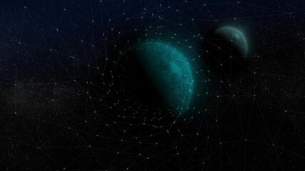Poster - Planets surrounded by network of connections and data processing animation in space