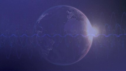Poster - Earth with glowing light and sound waves animation over starry background