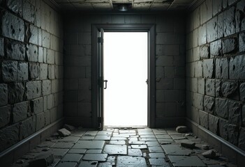 Poster - Dark Room with Open Door Leading to a Bright Unknown Space