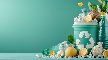 Poster - recycled plastic bottle pieces artfully arranged in the shape of the pet recycling symbol providing 