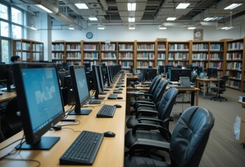Poster - Modern Computer Lab with Desktops and Workstations in Library Space