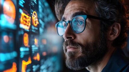 Aufkleber - A person closely examines a display filled with intricate data visualizations related to quantum computing, algorithms, and neural networks.