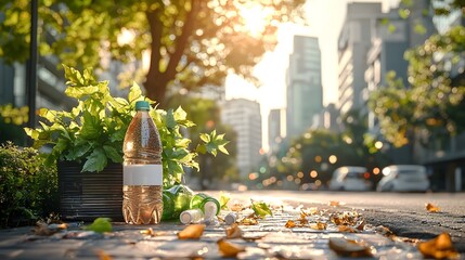 Poster - efficient and organized plastic bottle recycling station in an urban environment designed for sustai