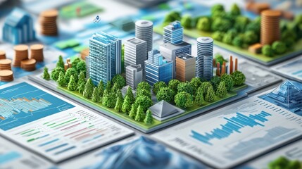 Poster - Data Analyst infographic concept. Vibrant Cityscape with Towering Skyscrapers and Lush Nature Data Visualization