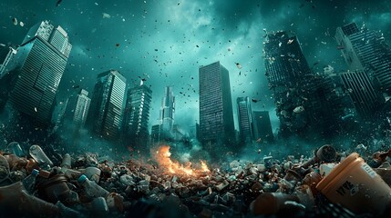 Poster - aerial view of a futuristic city with sustainable plastic recycling initiatives featuring modern arc