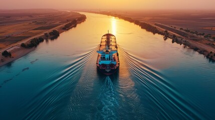 Aufkleber - A large cargo ship moves steadily along a tranquil river during sunset, with golden sunlight shimmering on the water, surrounded by lush landscapes and distant horizons.