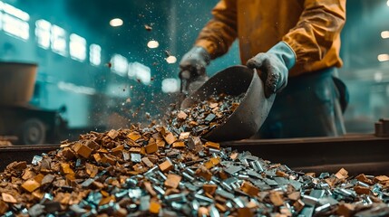 Poster - crushed battery materials being separated into reusable metals using an industrial conveyor belt sys