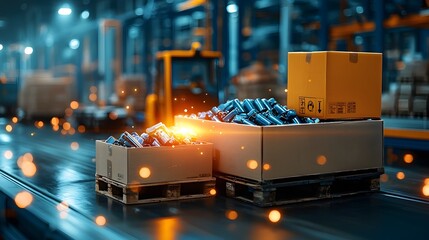 Poster - efficient modern recycling facility processing tons of e waste batteries with bright lighting and am